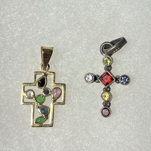 14k cross with gemstones  pendant,  and 925 silver cross with gemstones pendant